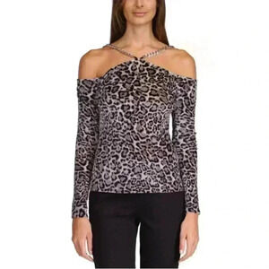 MICHAEL MICHAEL KORS Cold Shoulder Chain Pullover Animal Print Top Size Small